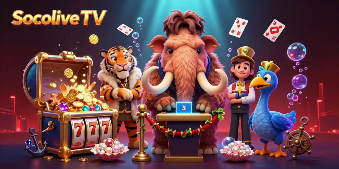 Engage with Socolive TV's vibrant casino scene featuring playful characters amidst dynamic gaming elements.
