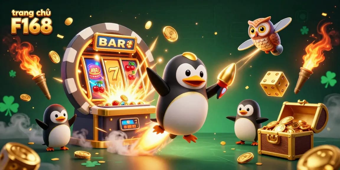 Experience the excitement at trang chủ F168 with a vibrant scene of a golden penguin in space and dynamic casino elements.