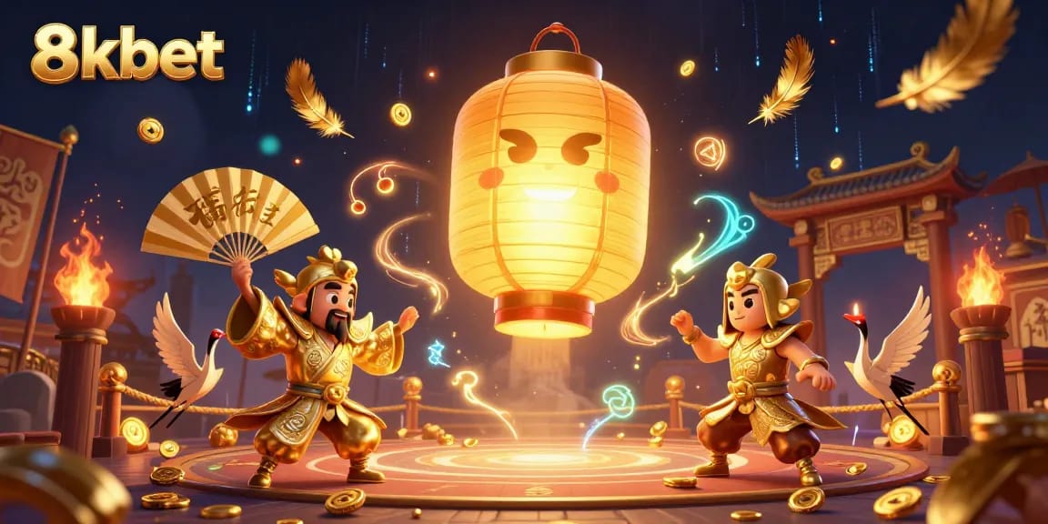 Experience the excitement of 8kbet with a vibrant 3D casino scene featuring lucky symbols and golden elements.