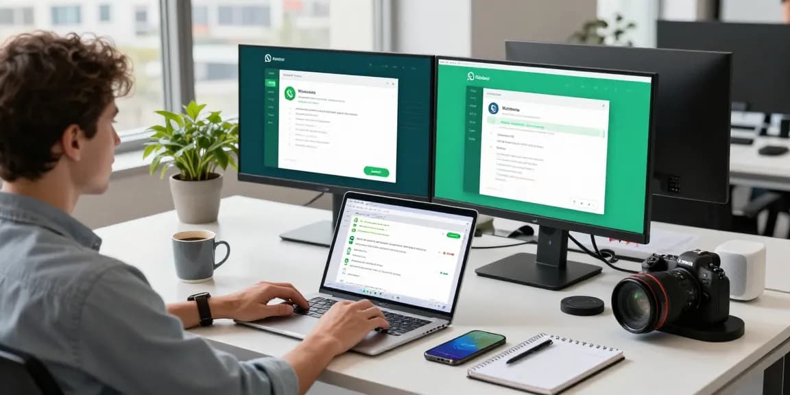 Professional using WhatsApp網頁版 in a modern office setting, showcasing a connected workspace.