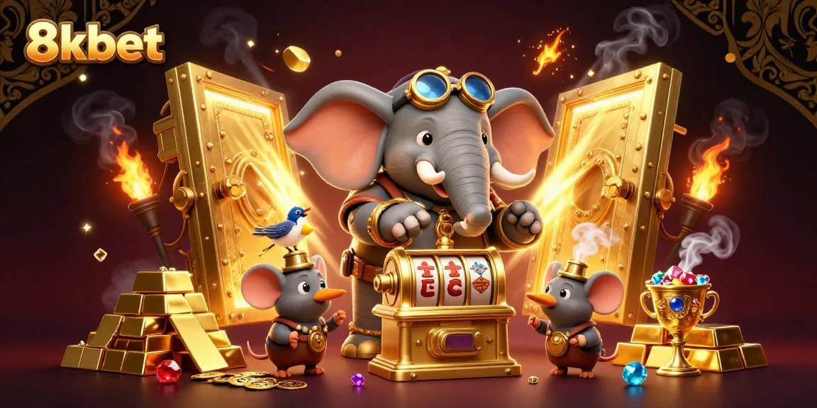 Experience thrilling wins with 8kbet as our steampunk elephant operates a golden slot machine amidst treasures.