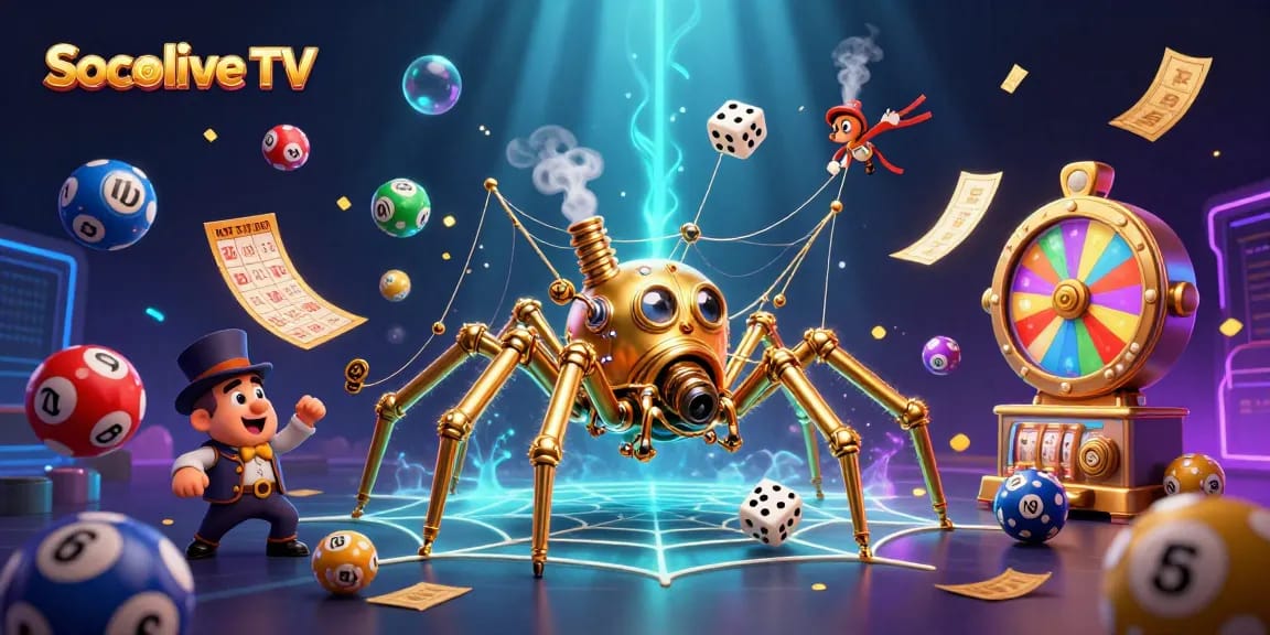 Socolive TV presents a lively casino scene with animated spiders, lottery elements, and vibrant colors.
