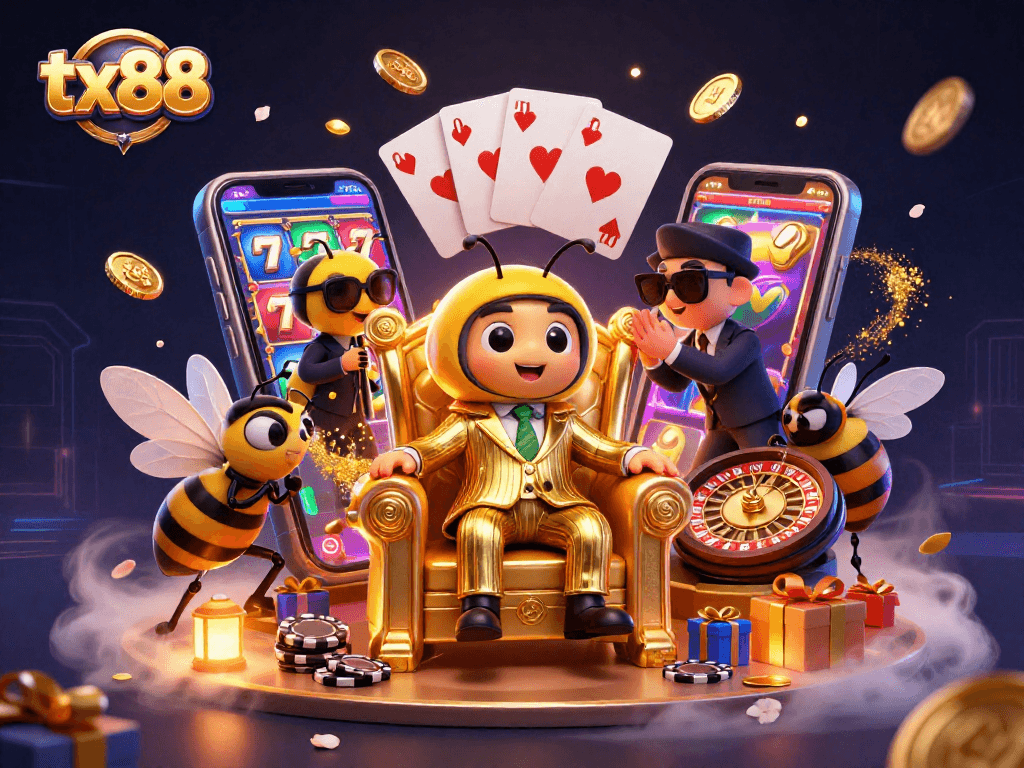 Win big with tx88 and 3D cartoon characters in a vibrant, detailed casino scene.