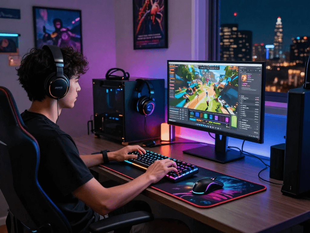 Gamer immersed in play with rokok88 gear, showcasing vibrant RGB mechanical keyboard and dual monitors.