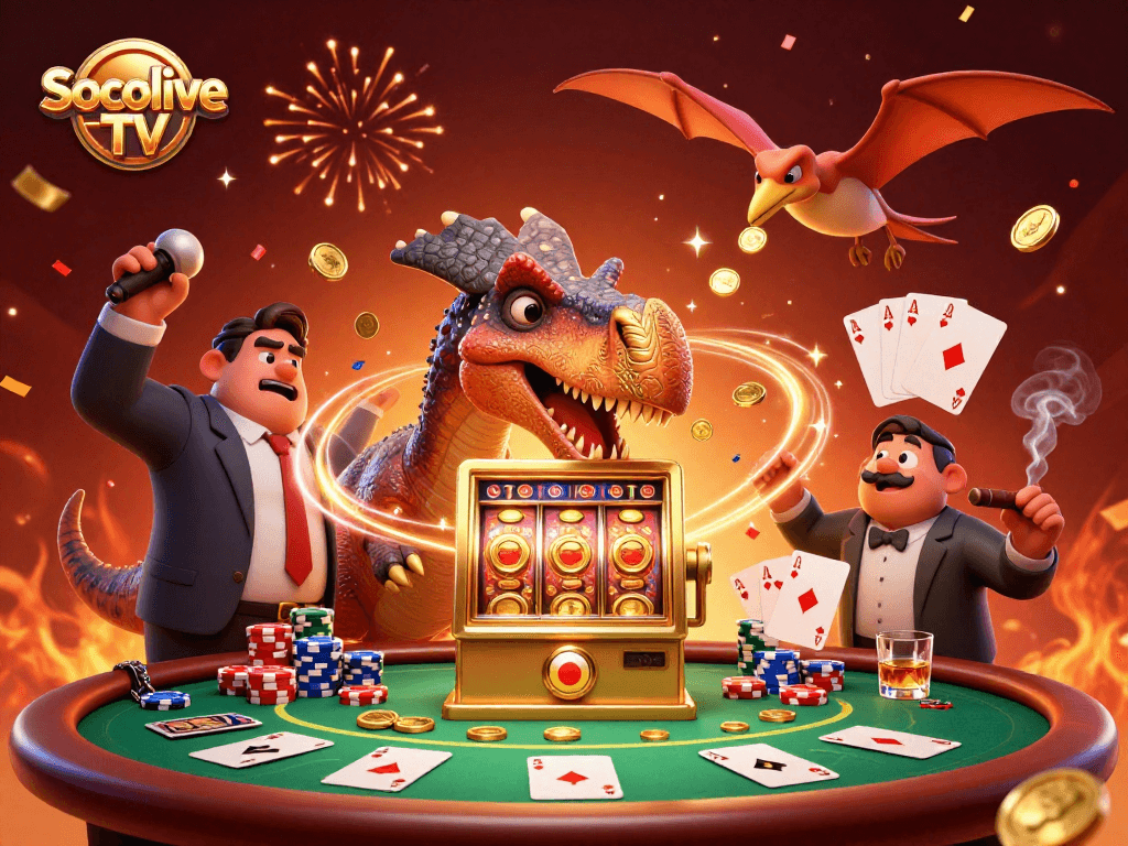 Socolive TV brings excitement as a pachycephalosaurus hits the jackpot, coins flying everywhere.