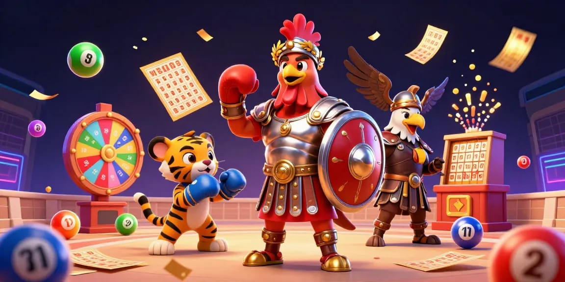 Socolive TV showcases a vibrant casino illustration featuring a rooster, tiger cub, and eagle amidst dynamic lottery elements.
