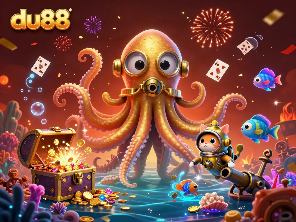 Experience du88's thrilling underwater adventure featuring a kraken, diving cat, and amazing treasures.
