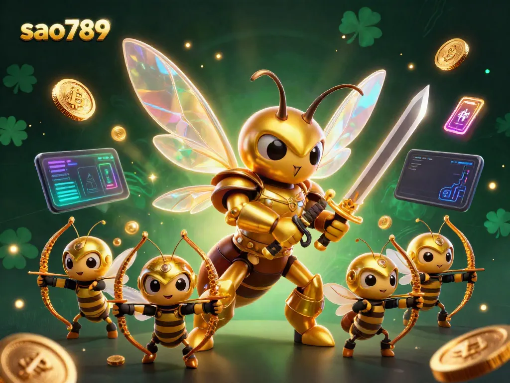 Sao789 showcases a vibrant 3D casino illustration featuring a golden hornet samurai amidst crypto coins and interactive elements.