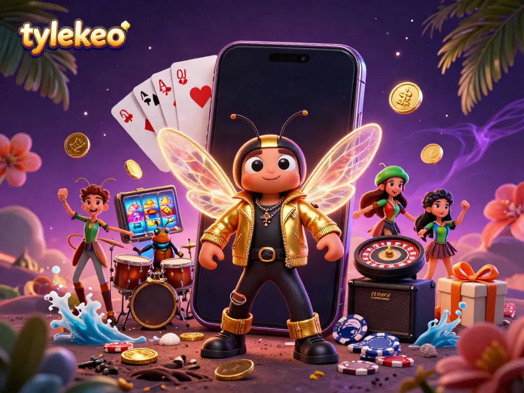 Experience the dynamic action of tylekeo with a vibrant 3D rock star scene full of casino elements.