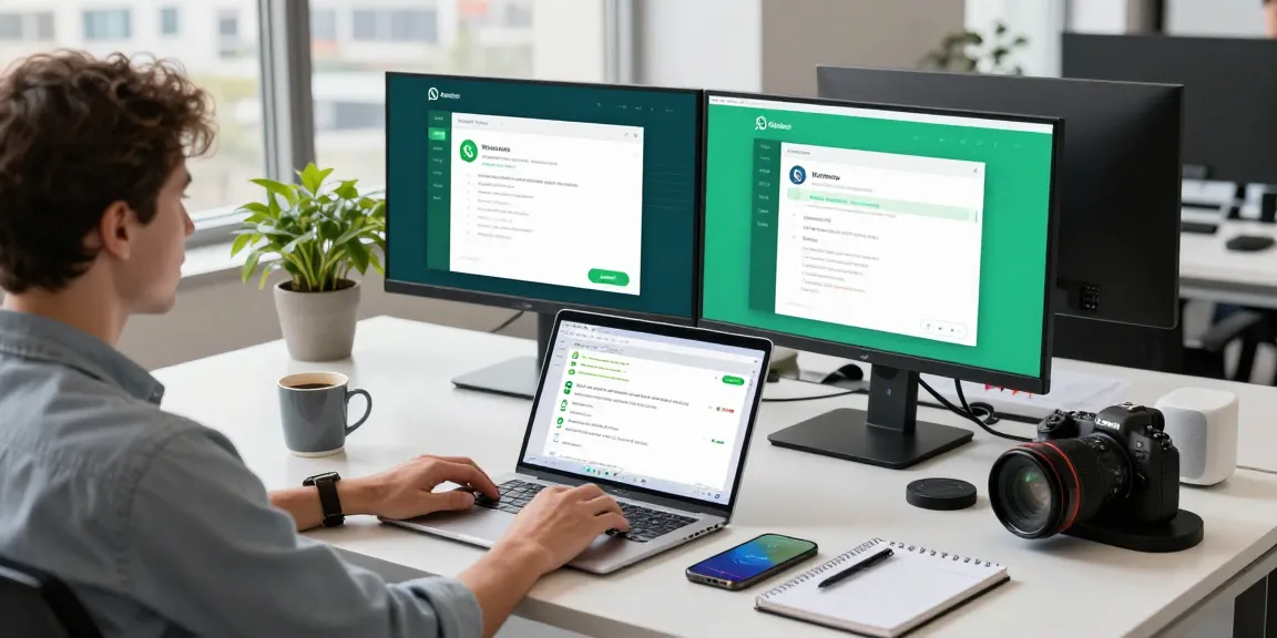 Professional using WhatsApp網頁版 in a modern office setting, showcasing a connected workspace.