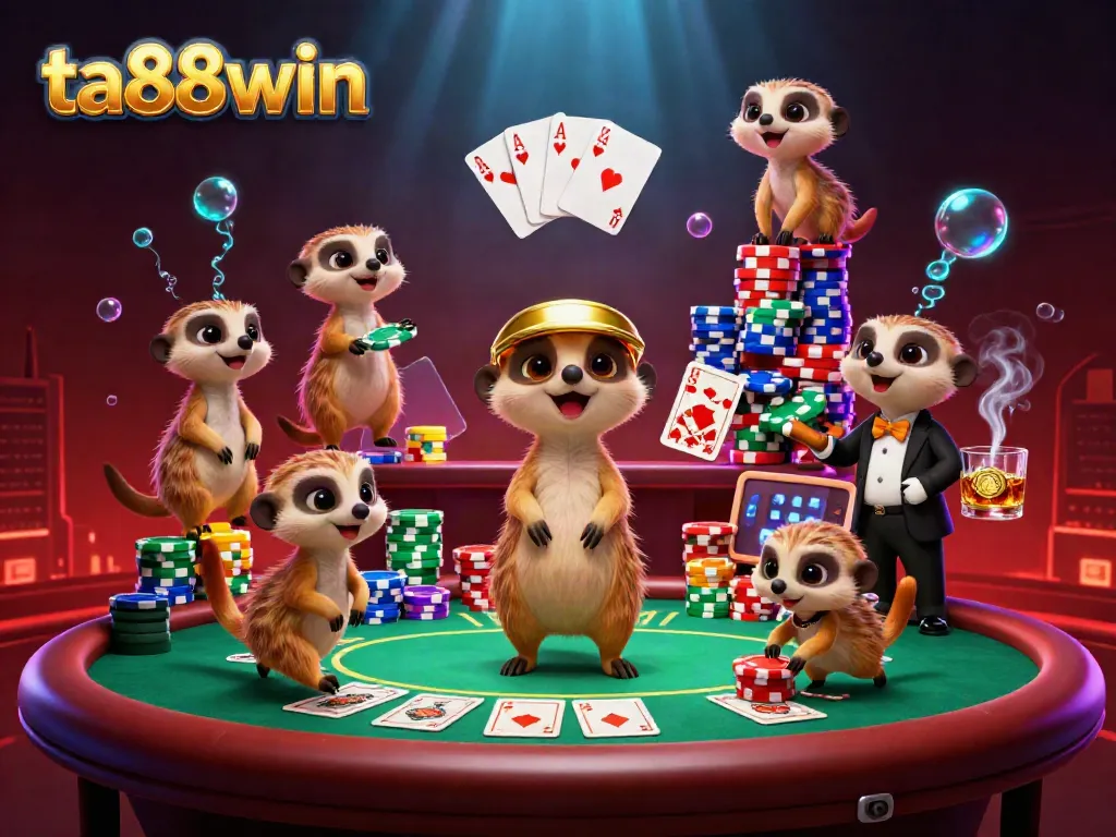 Experience ta88win with a lively meerkat casino scene featuring poker elements and vibrant colors.
