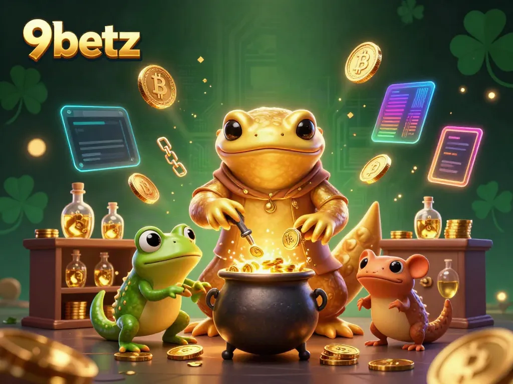 Experience adventure at 9betz with a dynamic 3D scene featuring gold alchemy and cryptocurrency magic.