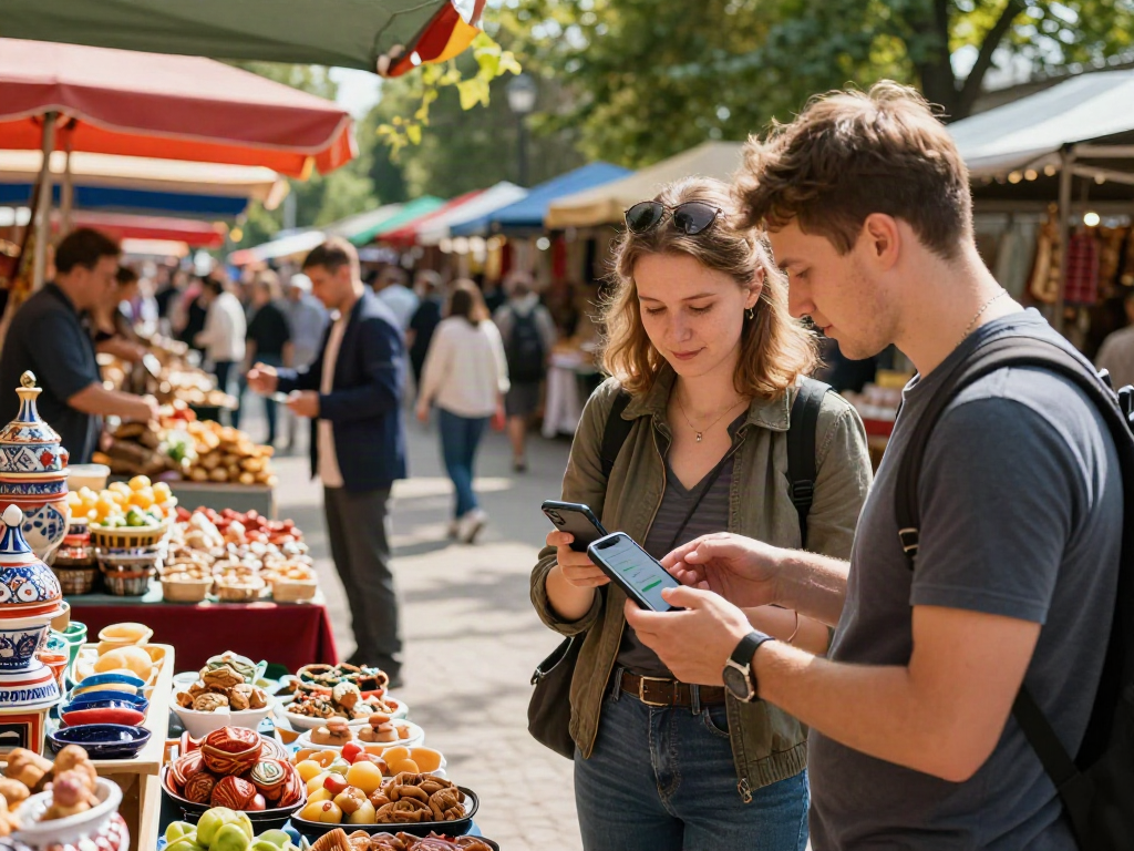 PayinRussia.com ile Rus pazarında dijital ödeme yapan turistler, canlı atmosfer.