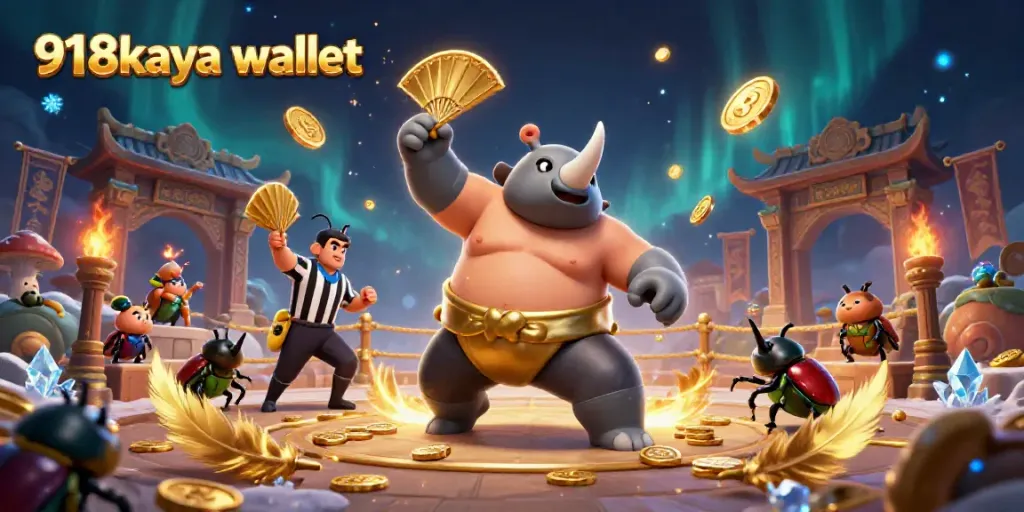 Win big with the 918kaya wallet in this lively 3D casino scene featuring a sumo beetle champion.