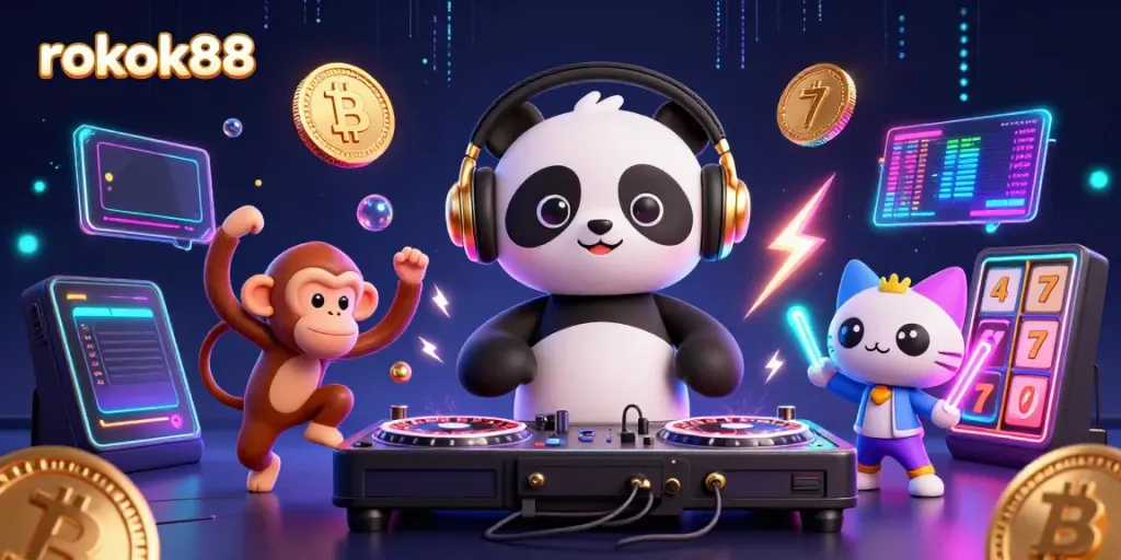 Experience casino fun with rokok88 featuring a DJ panda, breakdancing monkey, and kitten amid vibrant action.