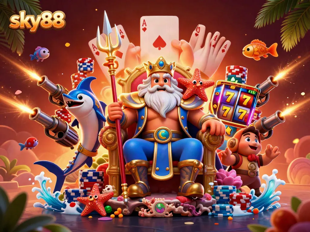 Experience thrilling fun with sky88's vibrant 3D casino scene showcasing slot reels, poker chips, and engaging characters.