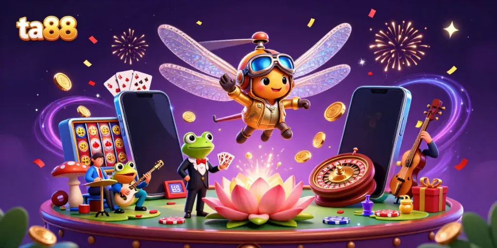 Experience exciting gameplay at ta88 with a cartoon dragonfly pilot hovering over a vibrant lily pad casino.