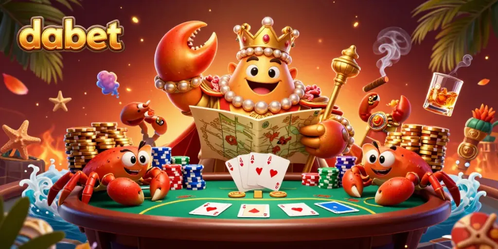 Bet big with Dabet's exciting 3D casino scene featuring a royal crab emperor surrounded by poker elements.