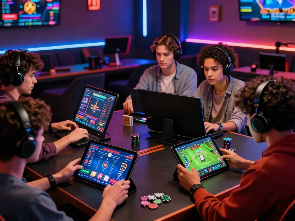 Engaged players enjoying UK88 online betting platforms in a vibrant gaming lounge.