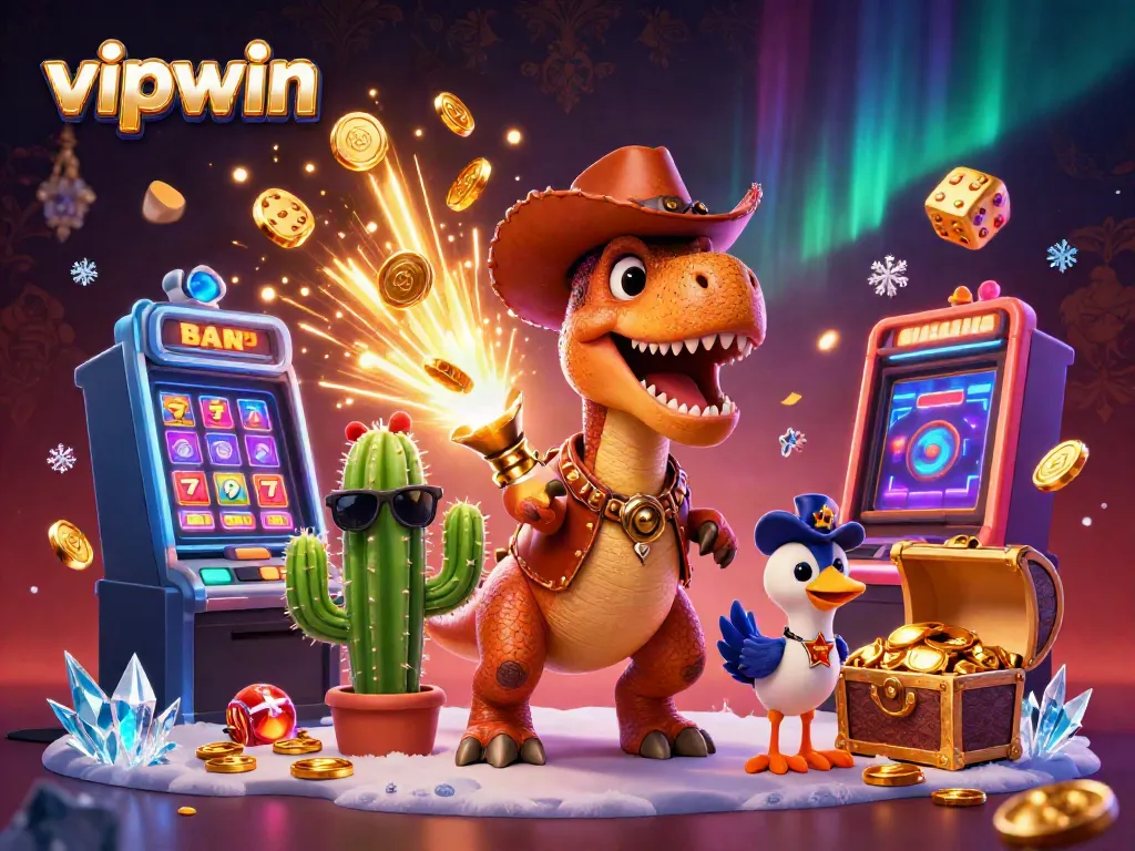 Experience excitement with vipwin's casino games, featuring neon slot machines and dynamic 3D characters.