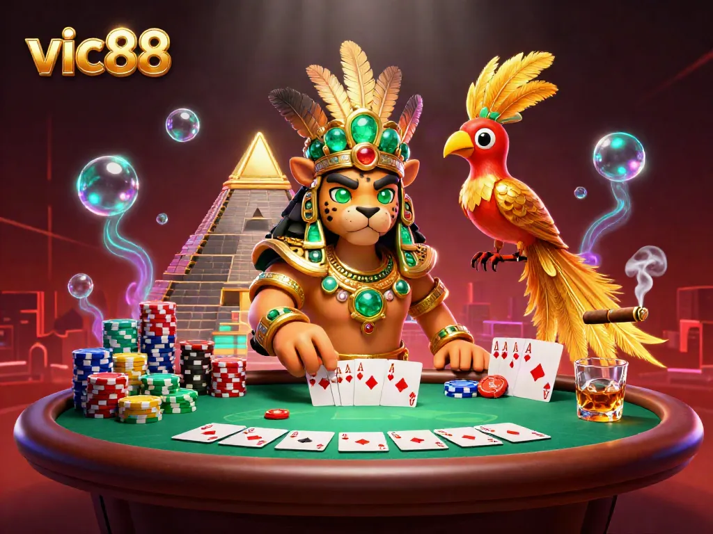 Experience thrilling gaming action at vic88 with vibrant casino scene featuring Mayan characters.
