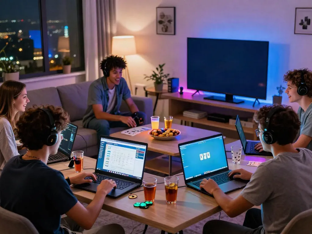 Group of friends enjoying an exciting online poker game at home with nbet.