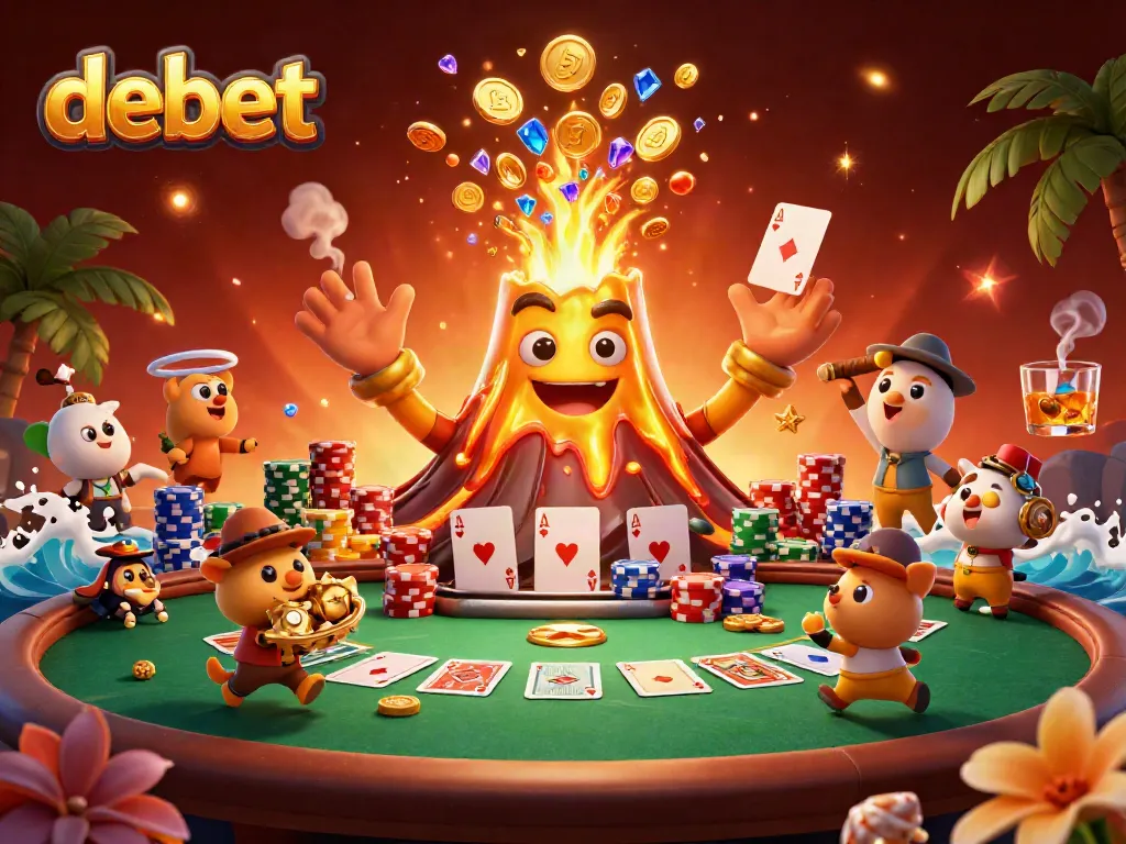 Experience the thrill of debet's casino with a vibrant erupting golden volcano, treasure, and poker excitement.