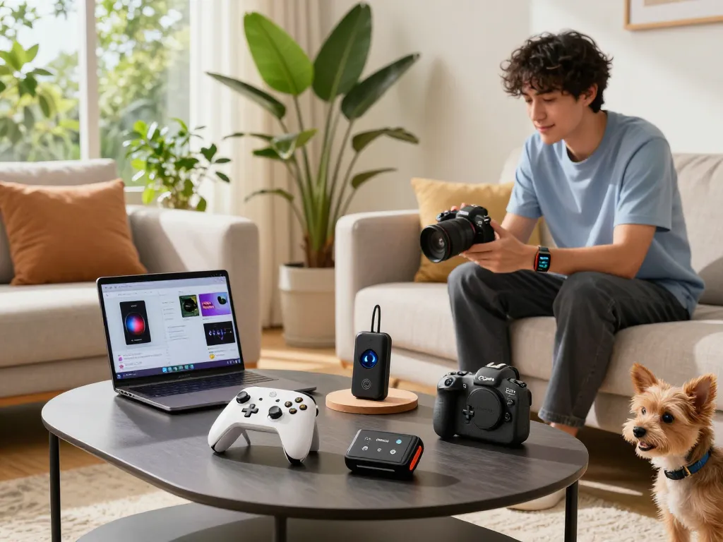 Explore cool tech gadgets under $169 featured in a stylish living room setting, showcasing Bluetooth devices like the 8BitDo Ultimate 2 and Fitbit Charge 6.