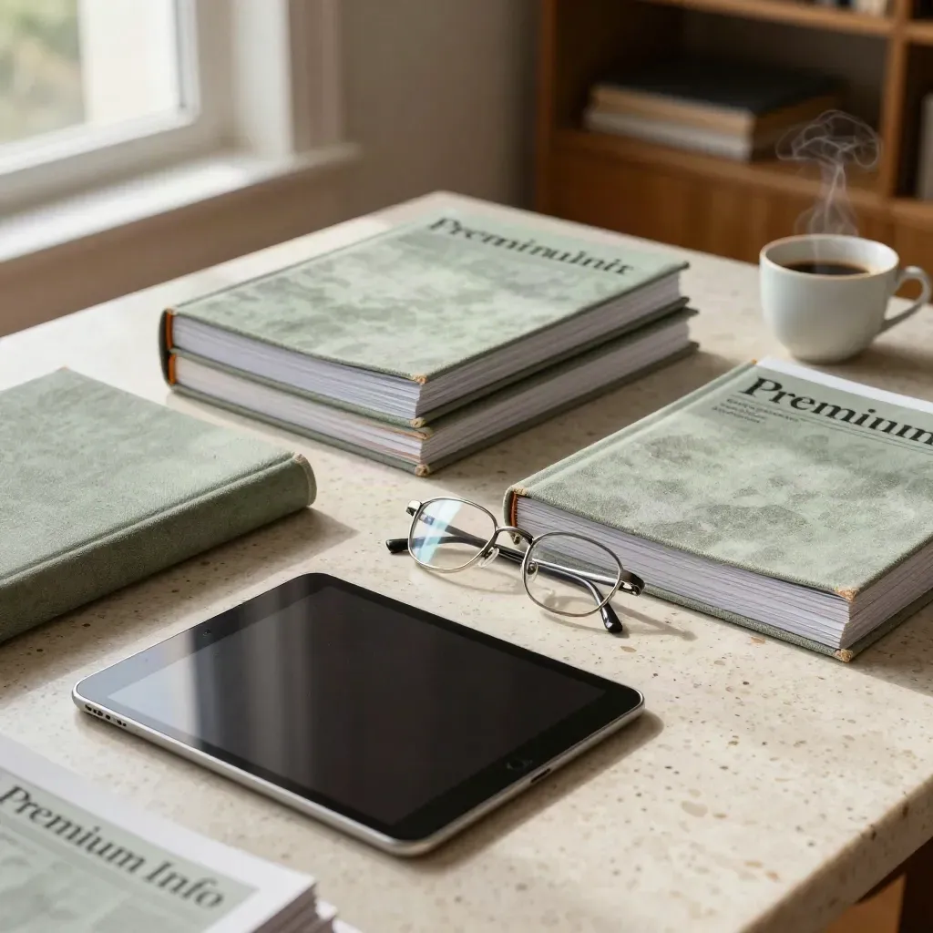 Yağmur sonrası sabah ışığında dosyalar, tablet, gözlük ve kahveyle katmanlı editorial yayın masası.