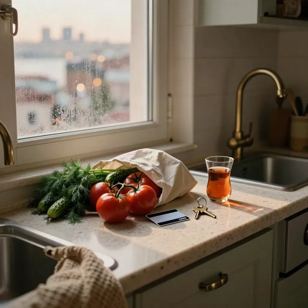 İstanbul mutfağında yarı açık pazar çantası, çay bardağı ve anahtarlar.