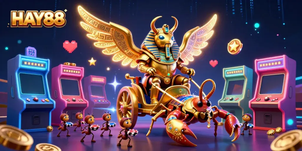 HAY88 features a colossal golden scarab beetle in a vibrant casino scene, symbolizing luck and fortune.
