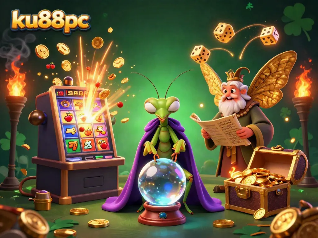 Experience thrilling gaming with ku88pc's dynamic 3D illustration of vibrant casino elements and characters