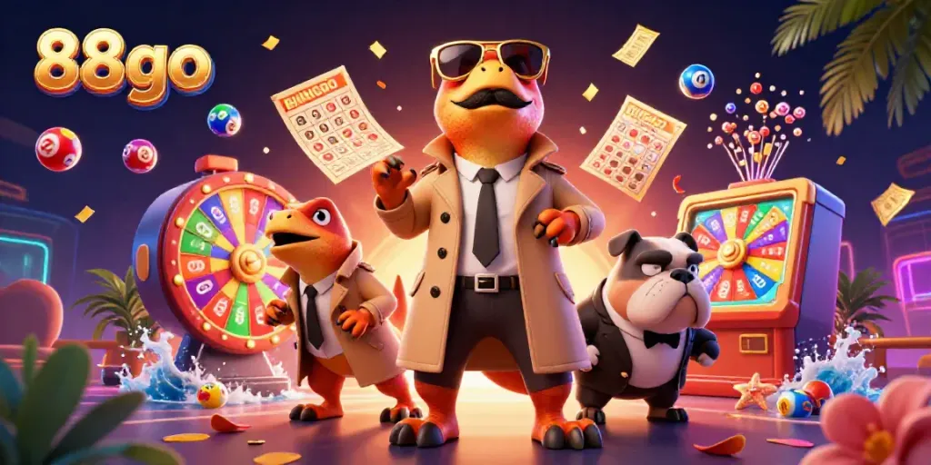 Engaging 3D cartoon scene featuring 88go characters entering a VIP casino with colorful lottery elements