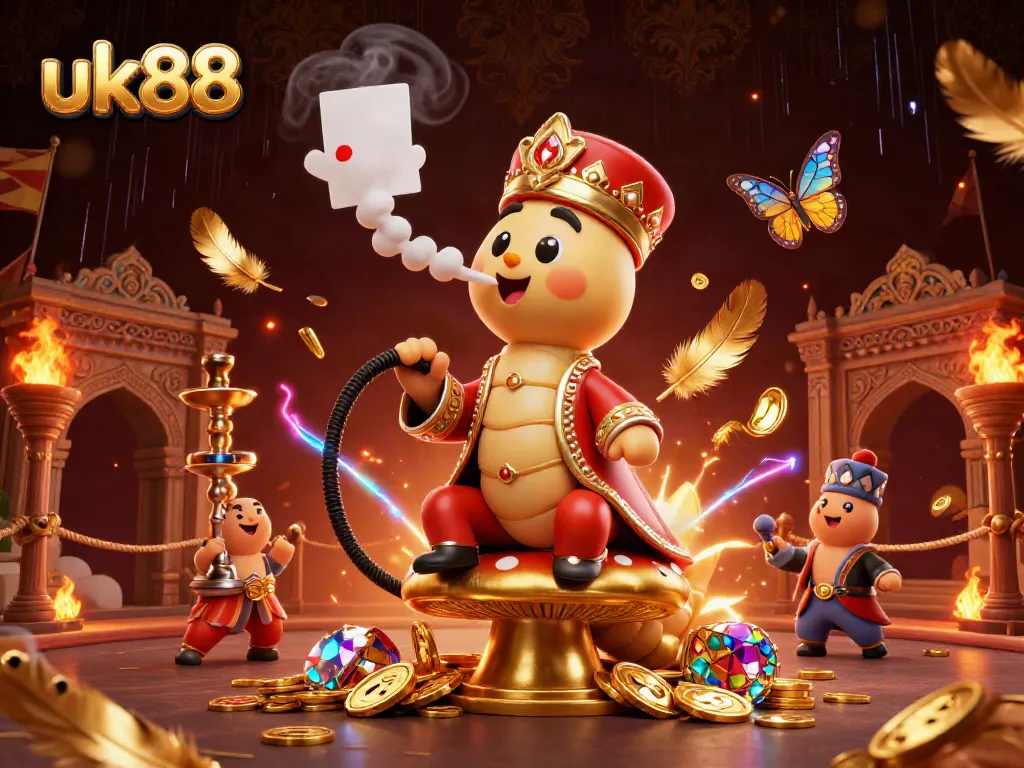 uk88 celebrates gaming excitement with vibrant 3D illustration featuring a hookah-master and dynamic casino elements.