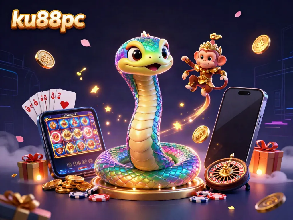 Experience the vibrant dynamic scene of ku88pc with a rainbow serpent, monkey king, and casino elements.