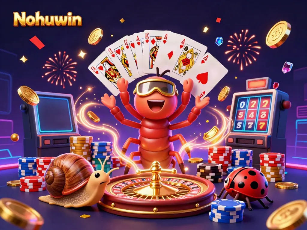 Nohuwin casino game excitement featuring vibrant casino characters with slots, and chips