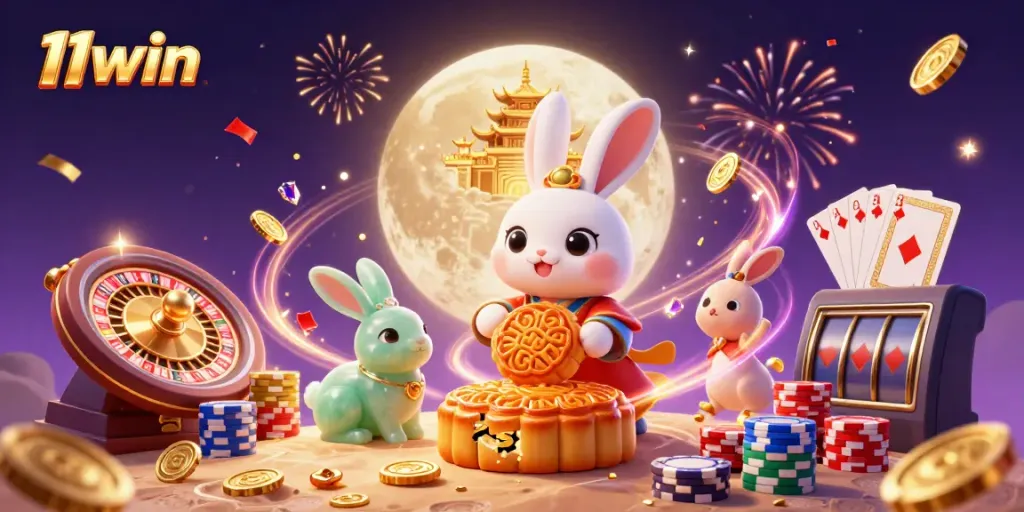 Experience thrilling gameplay with 11win's vibrant 3D casino scene featuring lucky moon rabbits and sparkling gems.