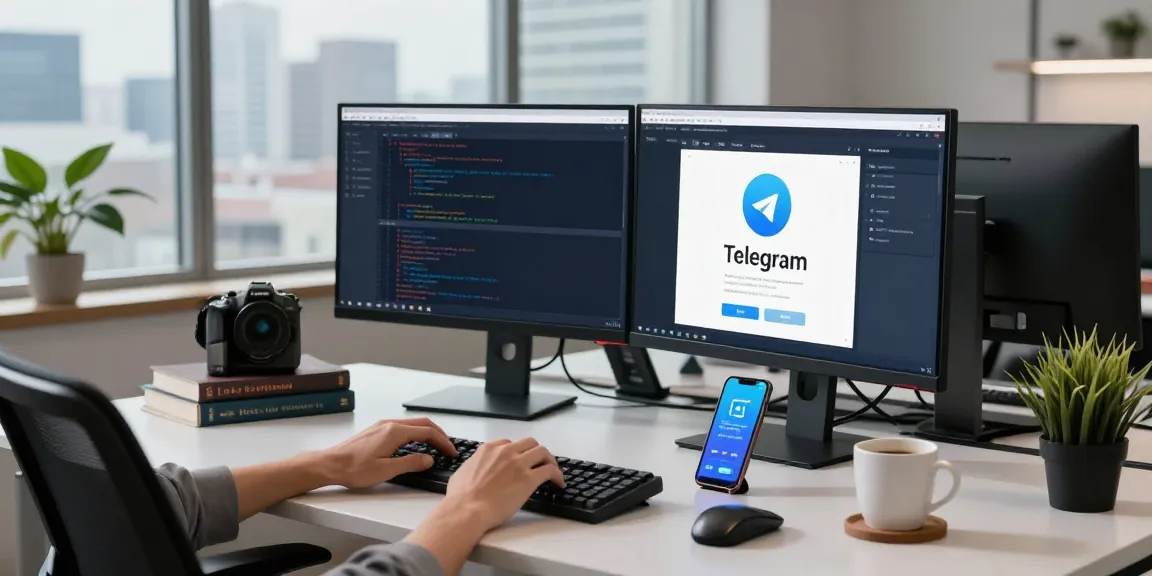 Developer using the Telegram web version on dual monitors in a modern office.
