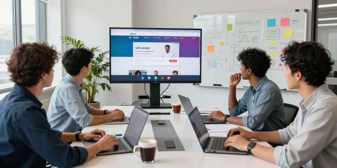 Team collaboration using WPS Official Website in a modern office workspace with laptops and vibrant whiteboard notes.