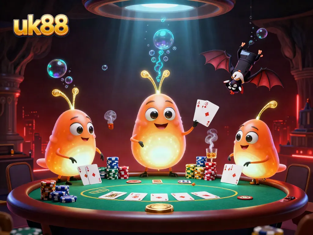 Engage with uk88's vibrant casino ambiance filled with glowworm characters lighting the poker table.