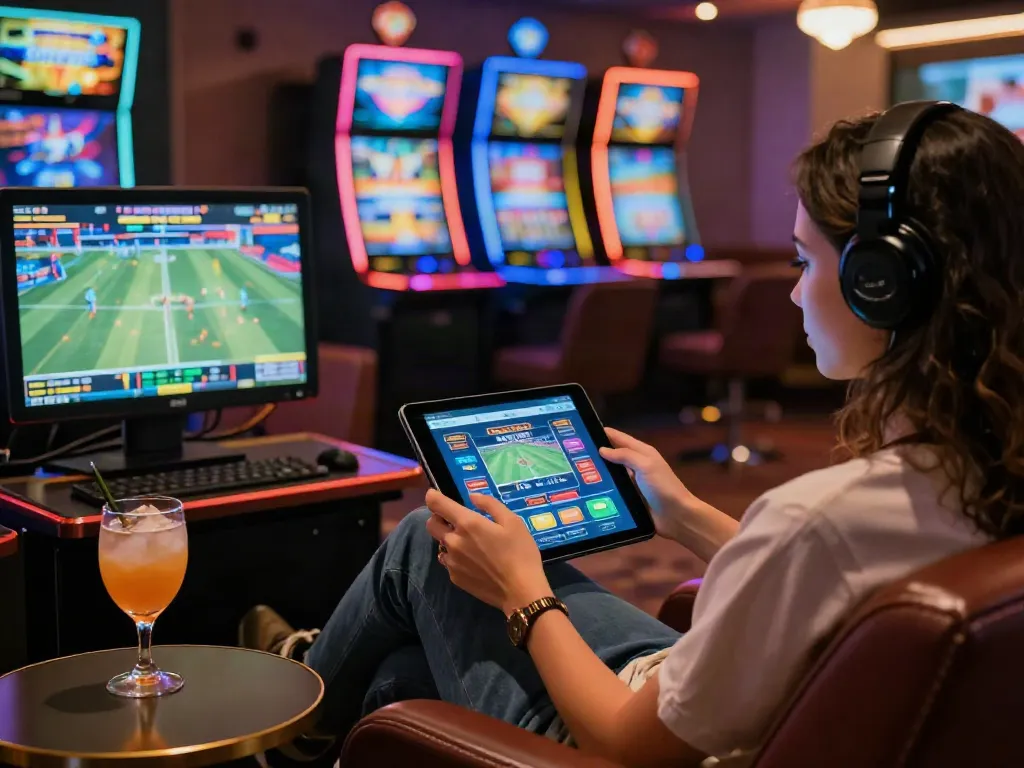 Engaging with sky88 online casino platform on a tablet in a stylish lounge.