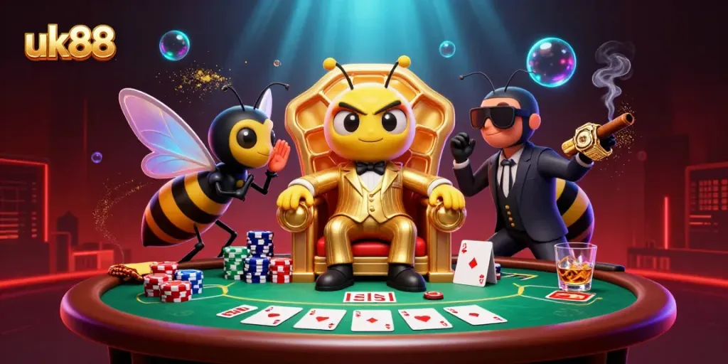 Engage with uk88 in this dynamic 3D illustration featuring a bumblebee mob boss surrounded by poker elements.