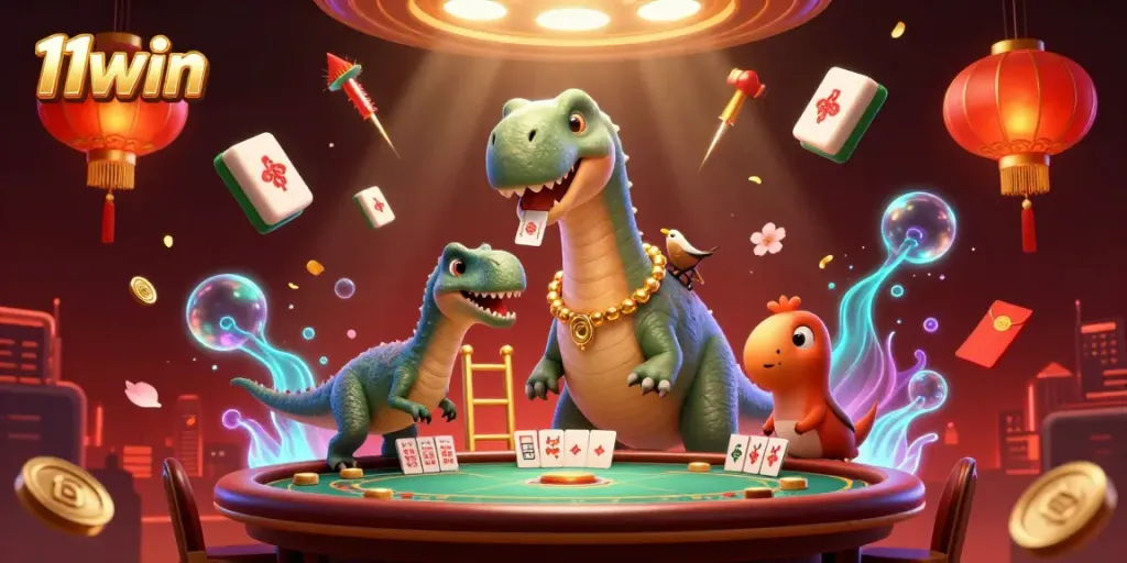Engage with the vibrant 11win casino scene featuring a towering brontosaurus, dynamic game elements, and a unique card dealing raptor.