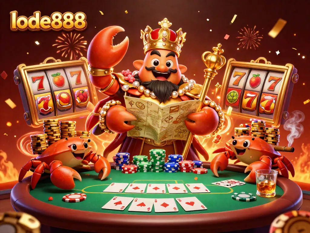 Engage with lode888's thrilling 3D casino scene featuring a golden crab emperor and vibrant gaming elements.