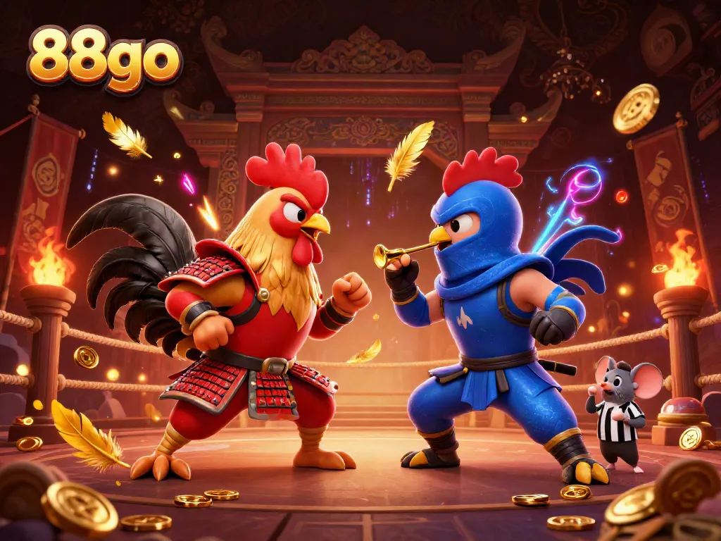 Fighting roosters symbolize competitive gaming at 88go, showcasing a vibrant casino scene.