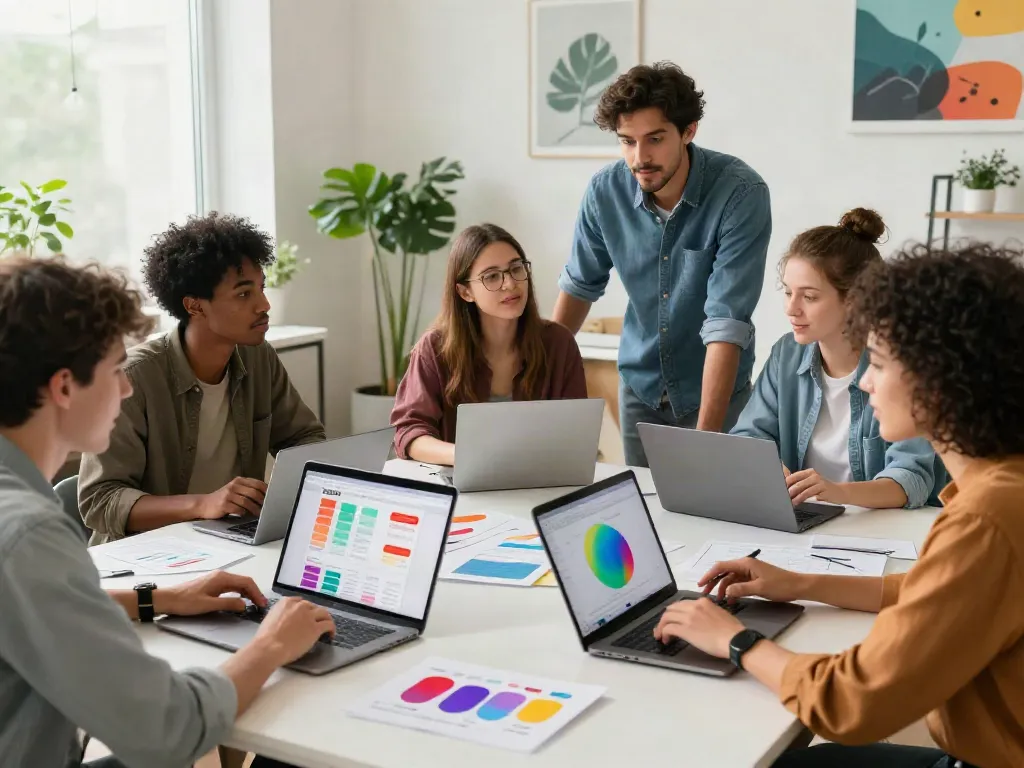Engaging team collaborating on social media strategies with rokok88 login visible on devices in a vibrant office environment.
