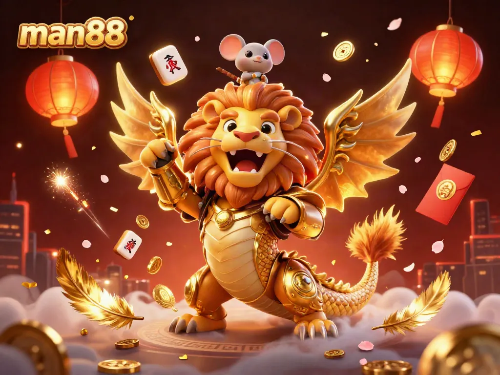 Experience exhilarating moments at Man88 with a roaring chimera creature amidst gold treasures and gaming elements.
