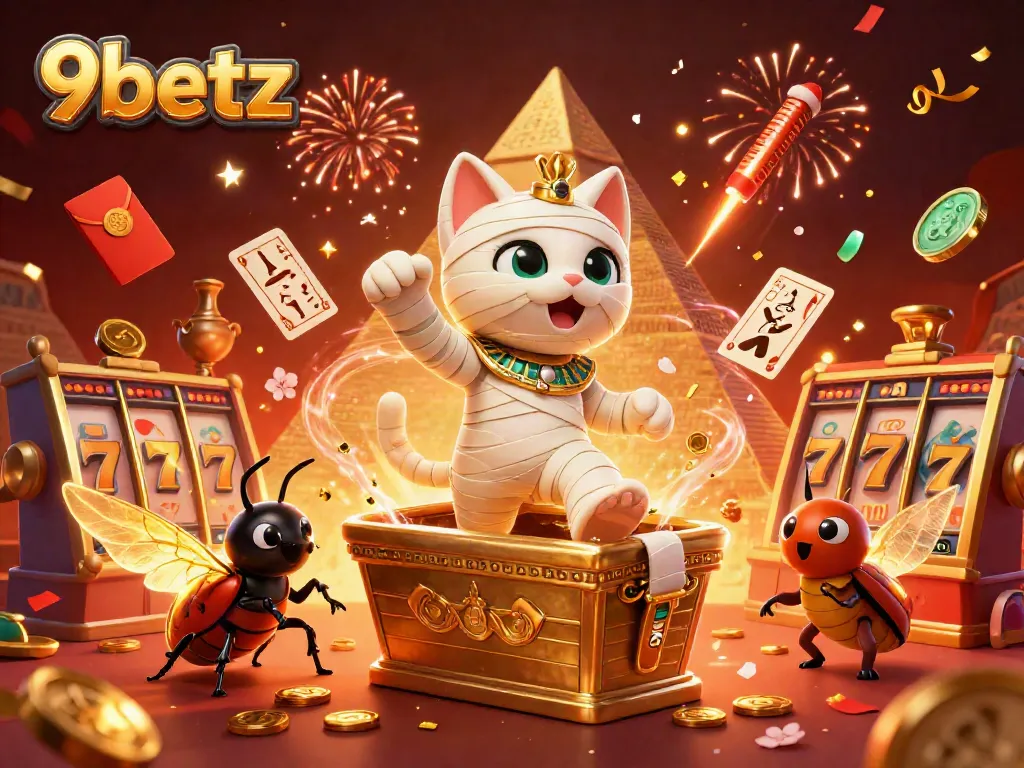 Experience exhilarating gaming at 9betz with a vibrant 3D illustration of a casino scene featuring an animated mummy cat and slot reels.
