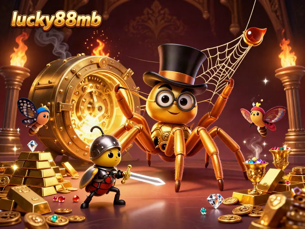 Engage with the vibrant scene of lucky88mb as a golden tarantula weaves wealth in a casino.