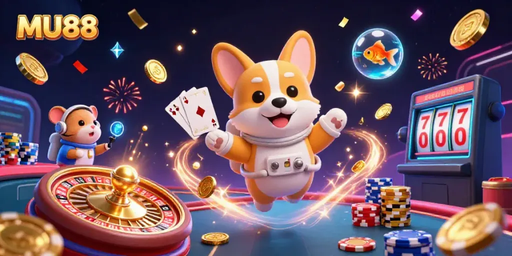 Experience MU88 with a floating corgi astronaut at a space casino, surrounded by lucky gaming elements.